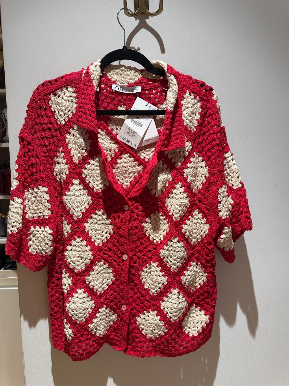 Zara Red & Cream Crochet Button-Up Shirt